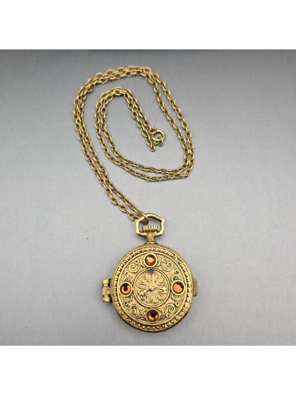 Vintage Mary Chess Perfume Locket Necklace 23" Gold Tone Amber Rhinestone 60s - Picture 6 of 12